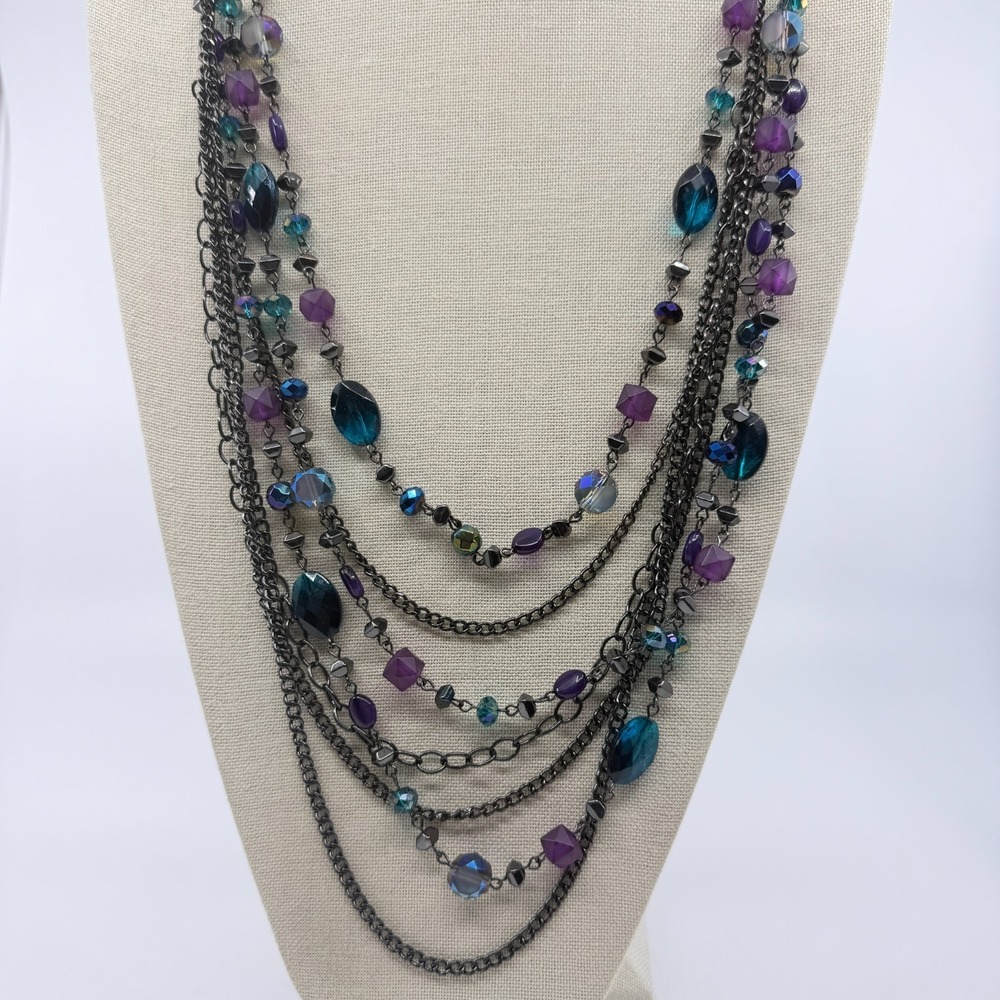 Multi-Strand Statement Necklace Purple Teal Beaded Layered Gothic Boho Jewelry